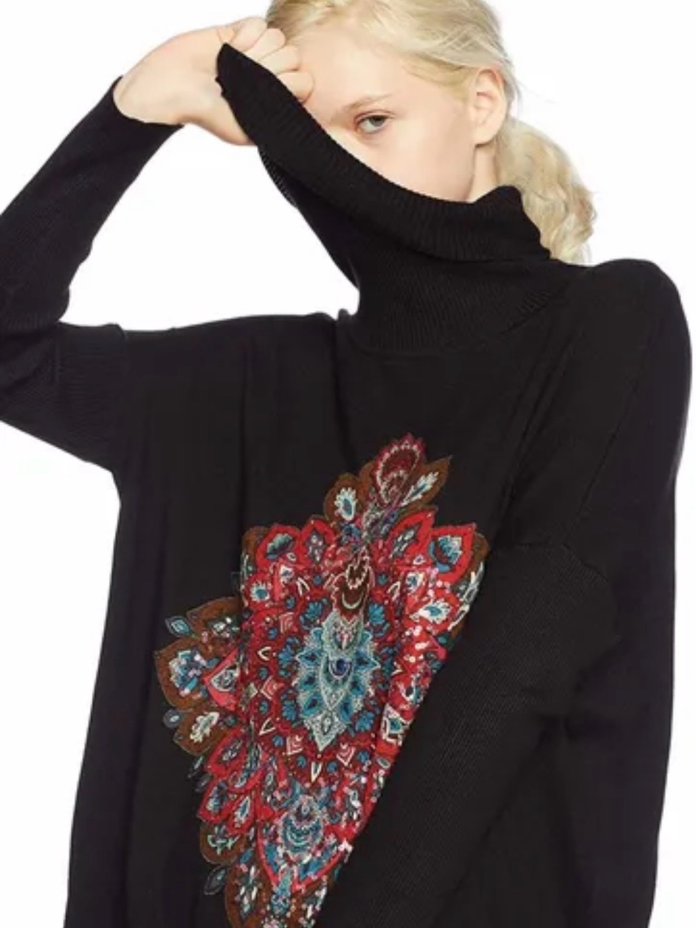 NWOT Desigual Black cowlneck knit Sweater Embroidered Mandala sequins medium ✨
